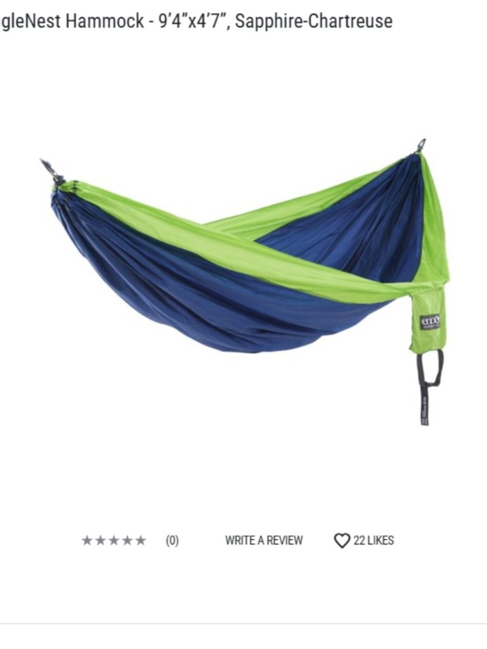 ENO SingleNest Hammock 9’4”x4’7” Blue Green NWT Lightweight Durable 400-lb